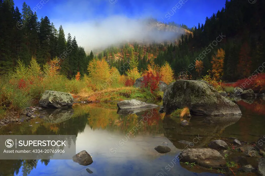 Fall Color Reflection in the Wenatchee River in Tumwater Canyon in the Wenatchee National Forest in Washington