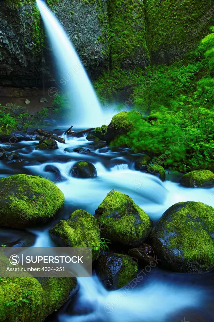 Ponytail Falls, the upper reaches of a waterfall system which includes Horsetail Falls,  just off the Historic Columbia Highway in the Columbia River Gorge National Scenic Area, Multnomah County, Oregon.