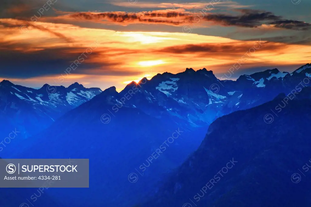 Sunset from Desolation Peak, looking West into the North Cascades National Park, across Ross Lake, Ross Lake National Recreation Area.
