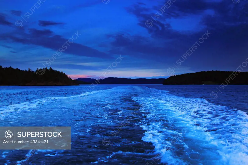 Sunset on the East Sound from the ferry, San Juan Islands, Washington State.