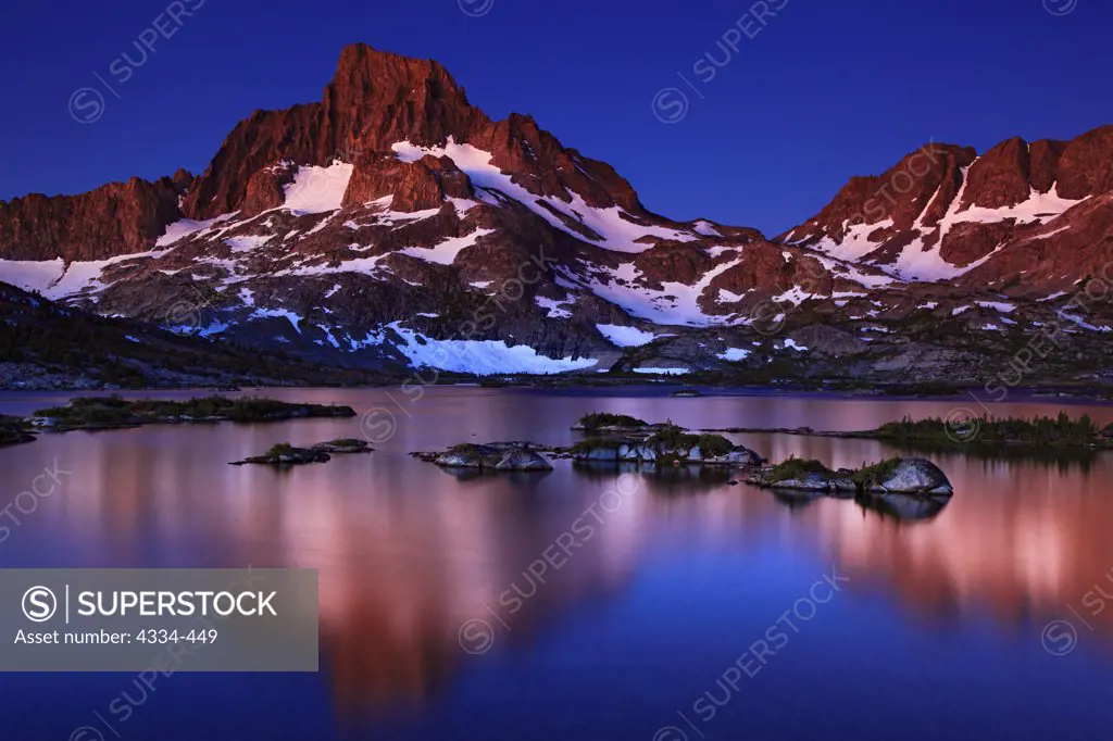 Dawn light over Banner Peak and Thousand Island Lake in the Ansel Adams Wilderness, California.