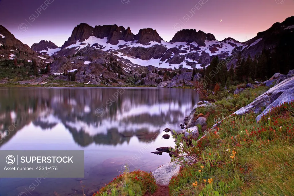Sunset and the Minarets Reflected in Ediza Lake in the Ansel Adams Wilderness, California.