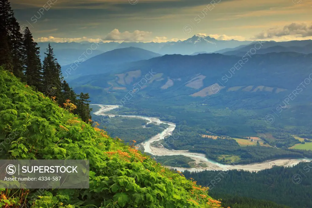 The Skagit River as seen from Sauk Mountain in the Mount Baker-Snoqualmie National Forest, Washington.