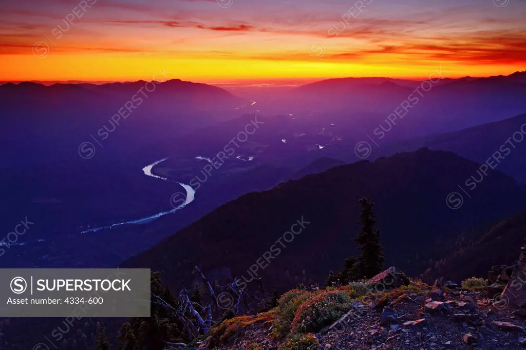 Sunset over the Skagit River valley from Sauk Mountain in the Mount Baker-Snoqualmie National Forest, Washington.