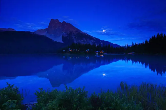 Moon Mt Burgess and the Emerald Lake Lodge Reflected in Emerald Lake in Yoho National Park in British Columbia Canada
