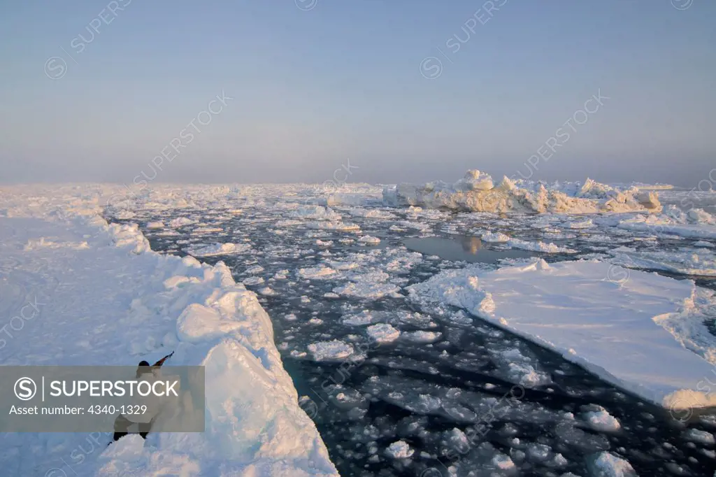 Hunter at Open Lead in Pack Ice, Chukchi Sea
