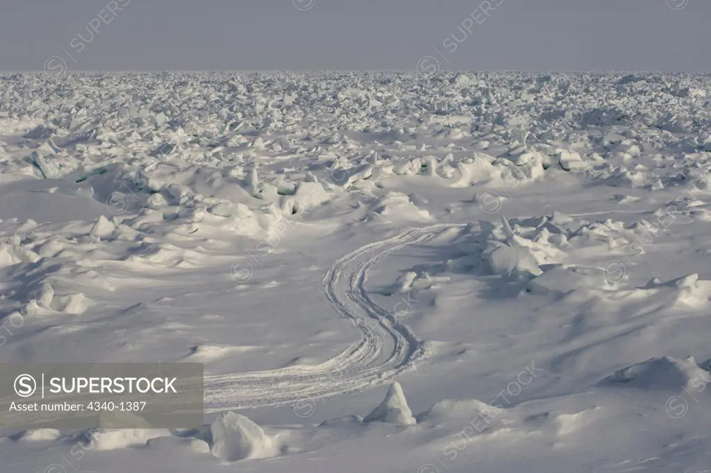 Snow Machine Tracks through the Pack Ice Over the Chukchi Sea