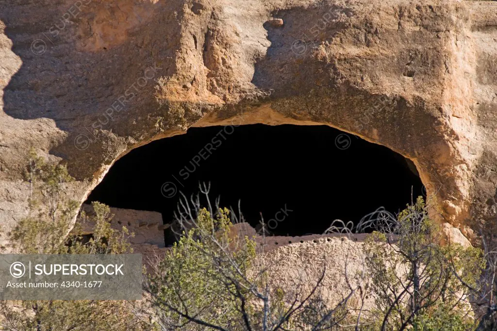 The long-abandoned homes of the Mogollon peoples, possible ancestors of some modern Pueblo Indians, in the Gila Cliff Dwellings National Monument, southwestern New Mexico.