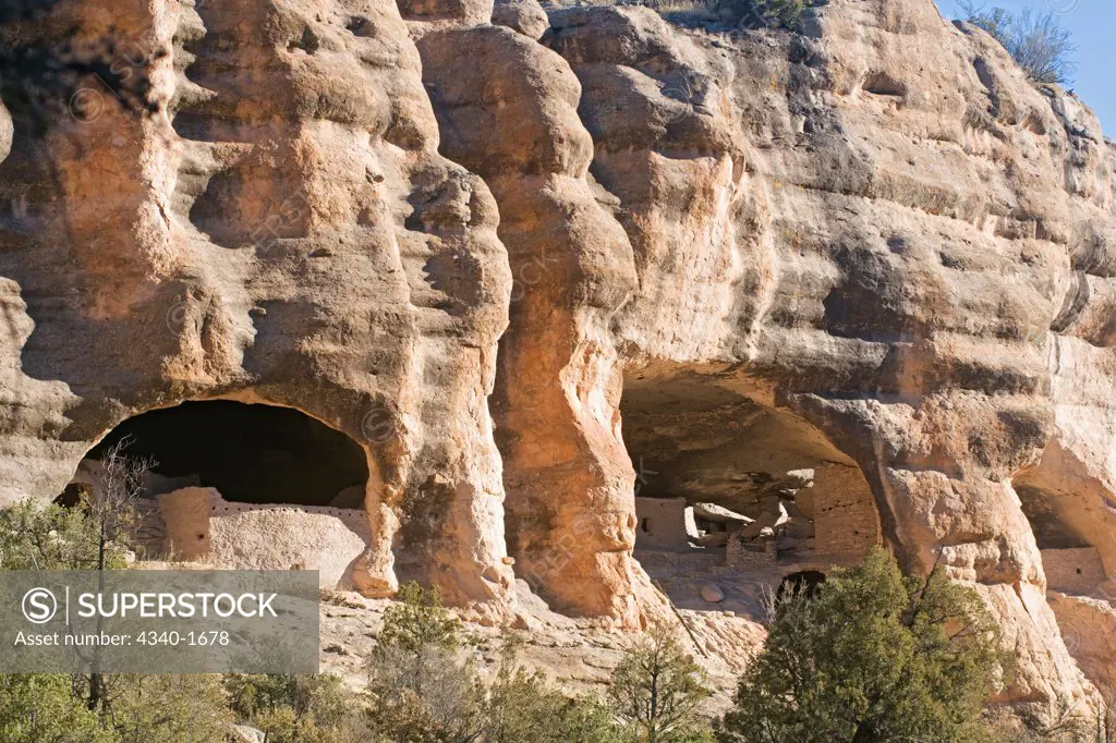 The long-abandoned homes of the Mogollon peoples, possible ancestors of some modern Pueblo Indians, in the Gila Cliff Dwellings National Monument, southwestern New Mexico.