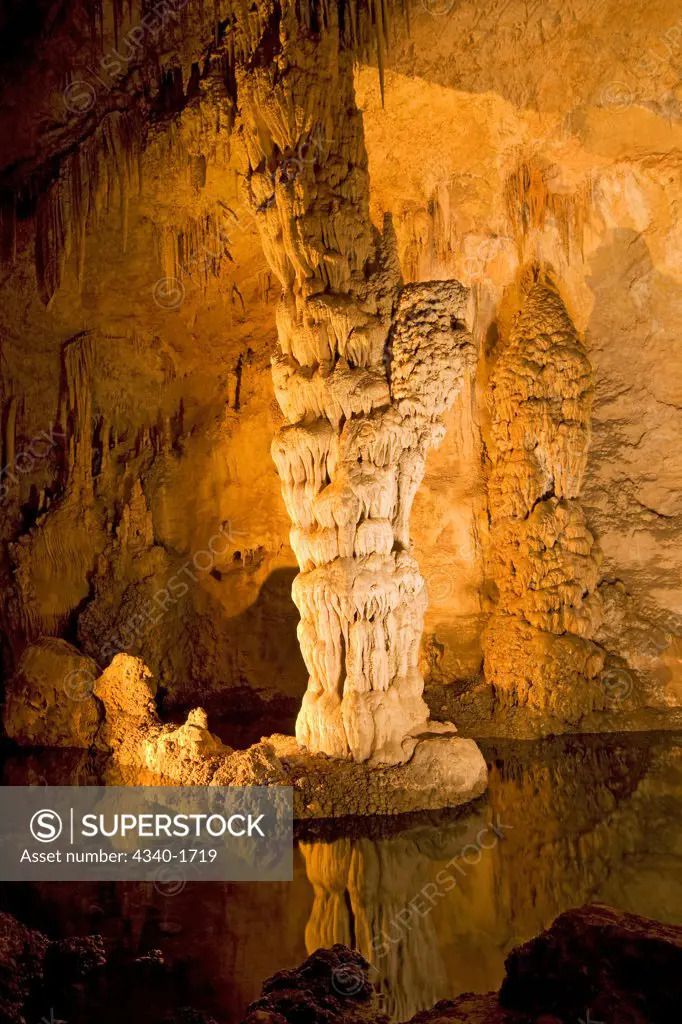Column formations in the 8.2-acre Big Room cave, 750 feet into the Earth, Carlsbad Caverns National Park, Chihuahuan Desert, New Mexico.  At one time a 400-mile-long reef in an inland sea covered this region.