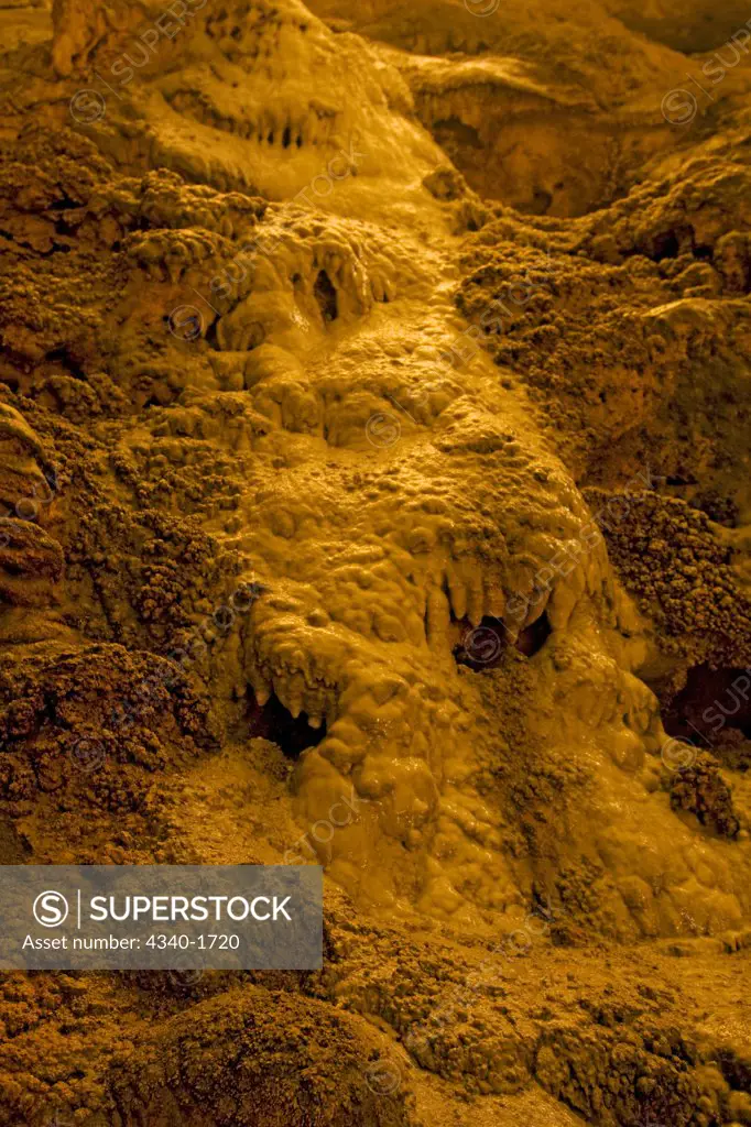 Flowstone formations in Carlsbad Caverns where rainwater has seeped in and dissolved the limestone, in the wondrous 8.2-acre Big Room cave, 750 feet into the Earth, Carlsbad Caverns National Park, Chihuahuan Desert, New Mexico.