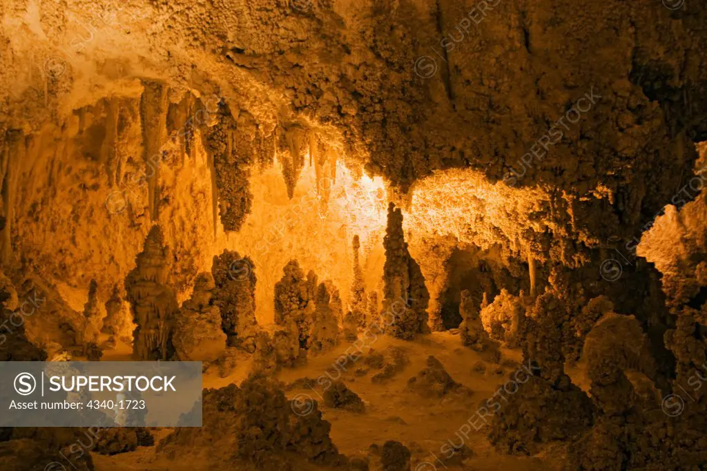 Stalactite and stalagmite formations in the wondrous 8.2-acre Big Room cave, Carlsbad Caverns National Park, Chihuahuan Desert, New Mexico.