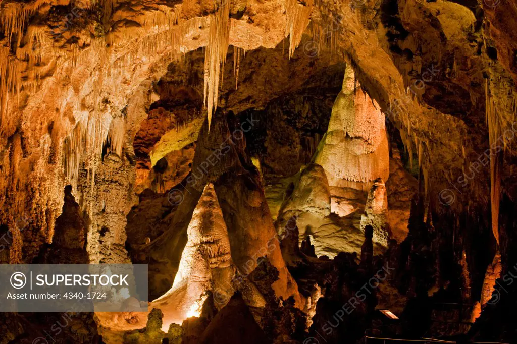 Stalactite and stalagmite formations in the wondrous 8.2-acre Big Room cave, 750 feet into the Earth, Carlsbad Caverns National Park, Chihuahuan Desert, New Mexico.