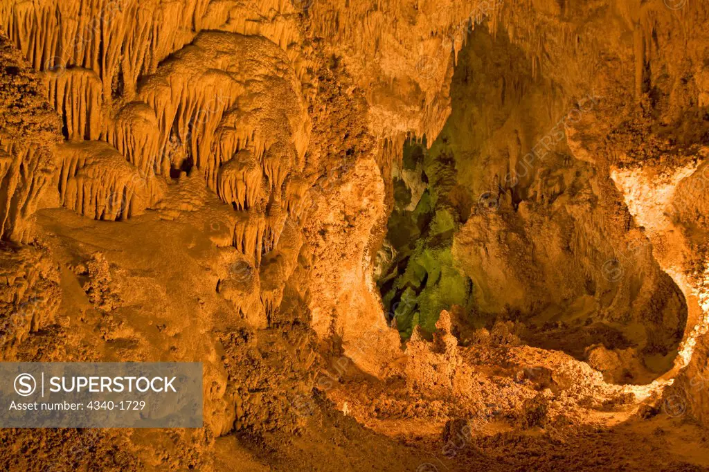 Intricate formations in the wondrous 8.2-acre Big Room cave, 750 feet into the Earth, Carlsbad Caverns National Park, Chihuahuan Desert, New Mexico.