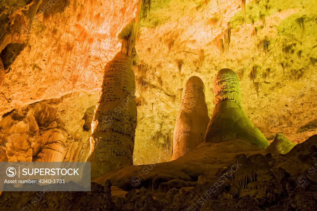 Giant Dome and the Twin Domes formations in the wondrous 8.2-acre Big Room cave, 750 feet into the Earth, Carlsbad Caverns National Park, Chihuahuan Desert, New Mexico.