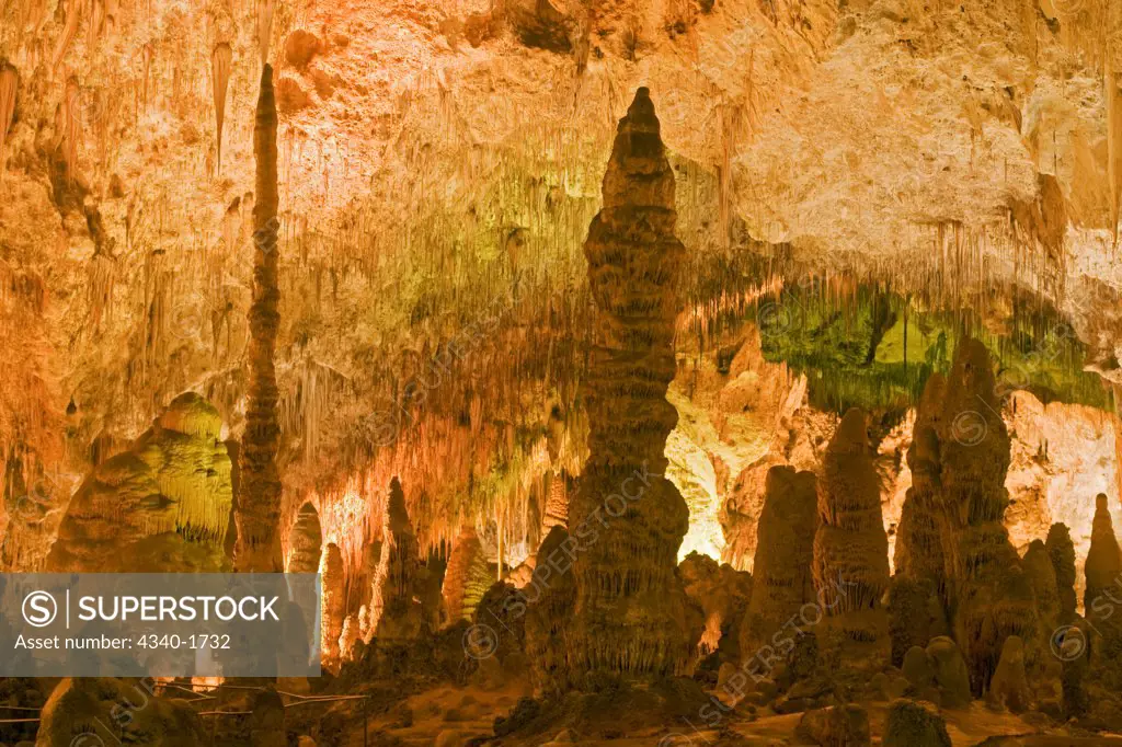 Stalactite, stalagmite, and column formations in the wondrous 8.2-acre Big Room cave, 750 feet into the Earth, Carlsbad Caverns National Park, Chihuahuan Desert, New Mexico.