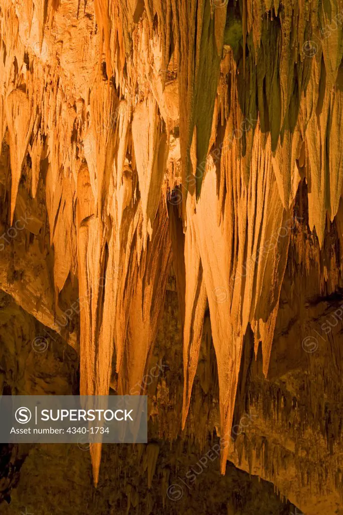 Stalactite formations hanging from the ceiling in the wondrous 8.2-acre Big Room cave, 750 feet into the Earth, Carlsbad Caverns National Park, Chihuahuan Desert, New Mexico.