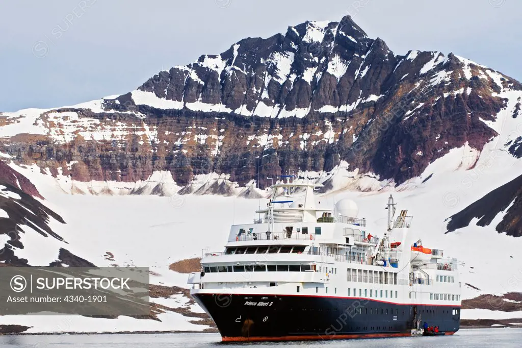 Cruise ship Prince Albert II, anchored in Burgerbukta, Hornsund, southern Svalbard archipelago, Norway, in summertime.
