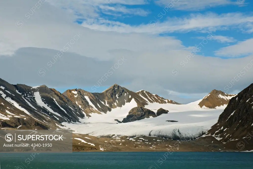 Retreating glacial landscape in St. Jonsfjord, west coast of Svalbard, Norway.