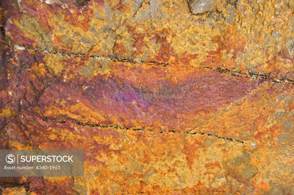 Mineral residue from water running over a large rock leaves a colorful patina (possibly containing iron), St. Jonsfjord, west coast of Svalbard, Norway.