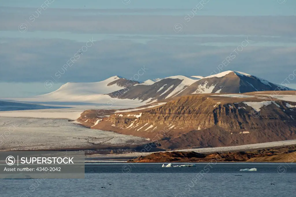 Beautiful Tunabreen glacier in Templefjorden, east of the settlement of Longyearbyen, Svalbard, Norway, in summertime.