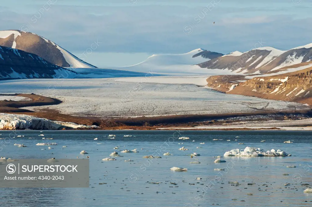 Beautiful Tunabreen glacier in Templefjorden, east of the settlement of Longyearbyen, Svalbard, Norway, in summertime.