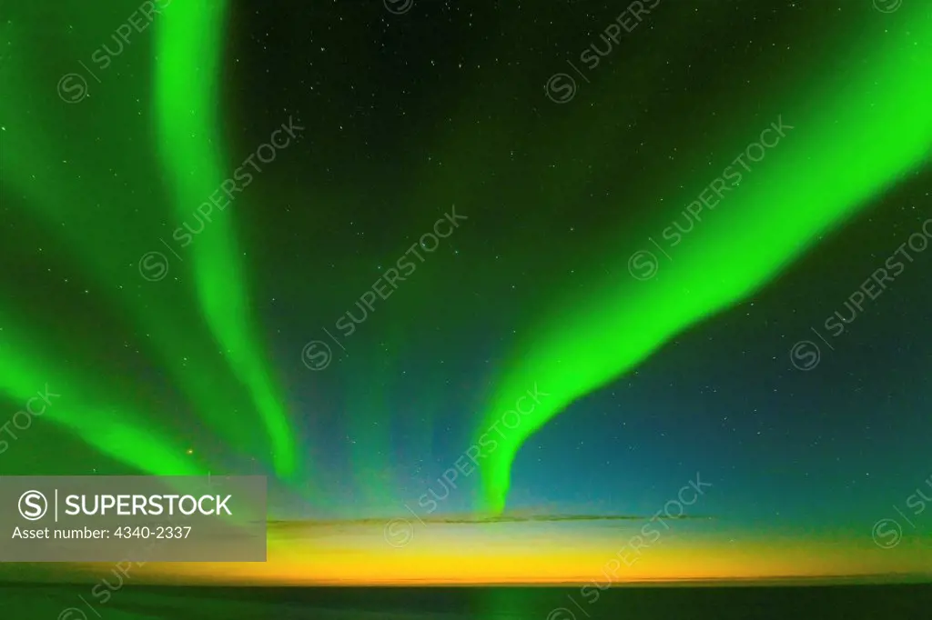 Northern lights, Aurora borealis, glow brightly and snake across the night sky as the sun sits just below the horizon, over the Beaufort Sea and off shore from the 1002 area of the Arctic National Wildlife Refuge, Alaska.