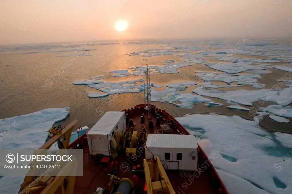Multi-year ice floating off the bow of the CCGS Amundsen, a coast guard ship where scientific research is conducted, as it travels through the Northwest Passage, Baffin Bay, Nunavut Territory, Canada