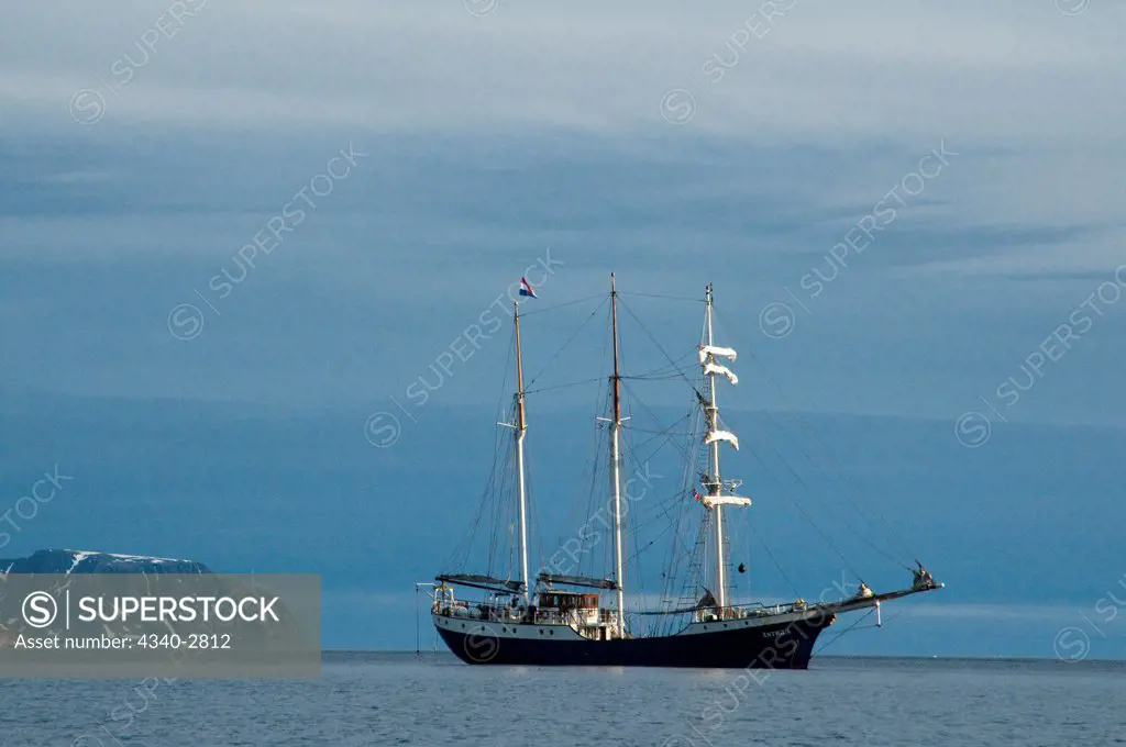 Norway, Svalbard Archipelago, Spitsbergen, Greenland Sea, Barquentine tall ship 'Antigua,' world wide charter expedition ship