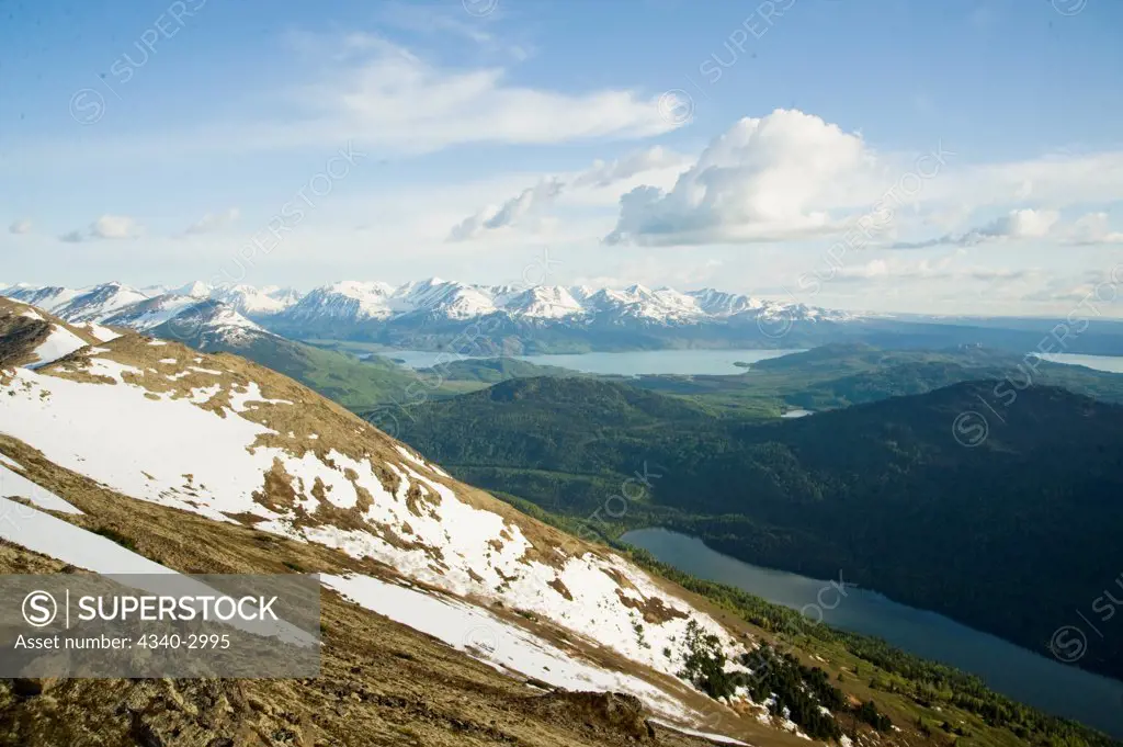 USA, Alaska, Kenai National Wildlife Refuge, Skyline Trail, View of Chugach range with Jean and Skilak lakes in foreground, spring