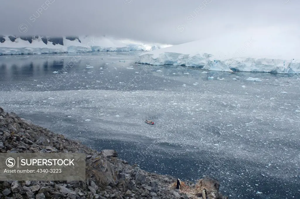Antarctica, Antarctic Peninsula, Sailboat in glacial waters of Southern Ocean