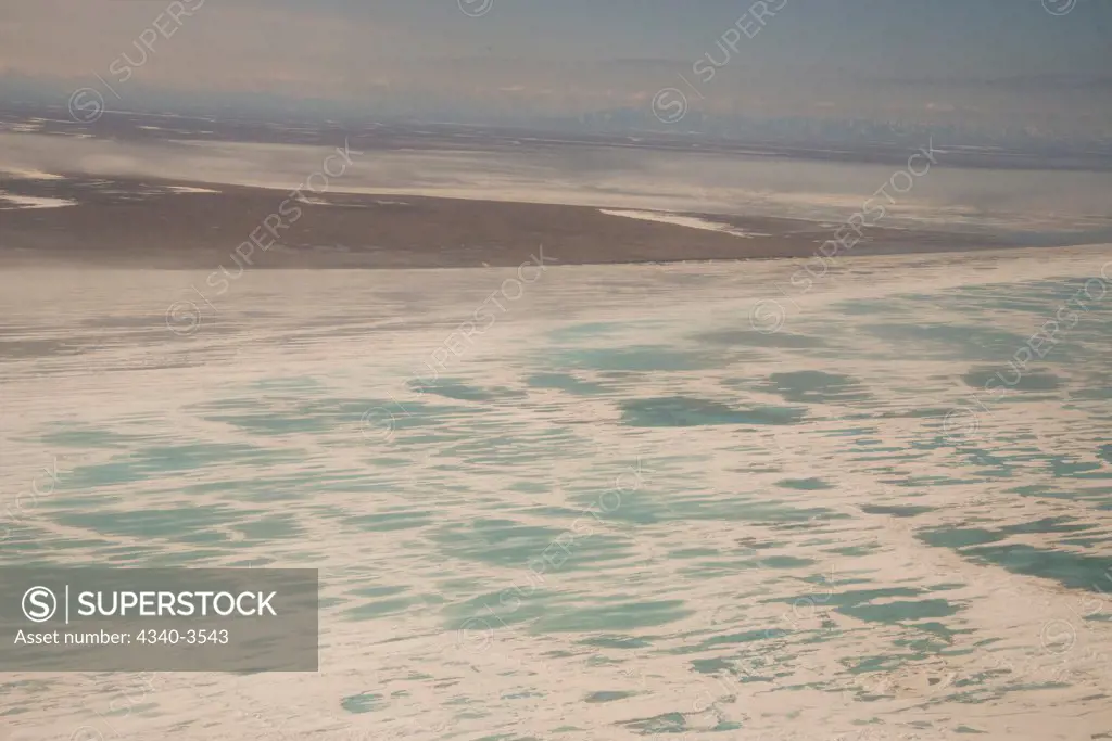 USA, USA, Alaska, North Slope, Beaufort Sea, Aerial landscape sea ice along arctic coast in spring