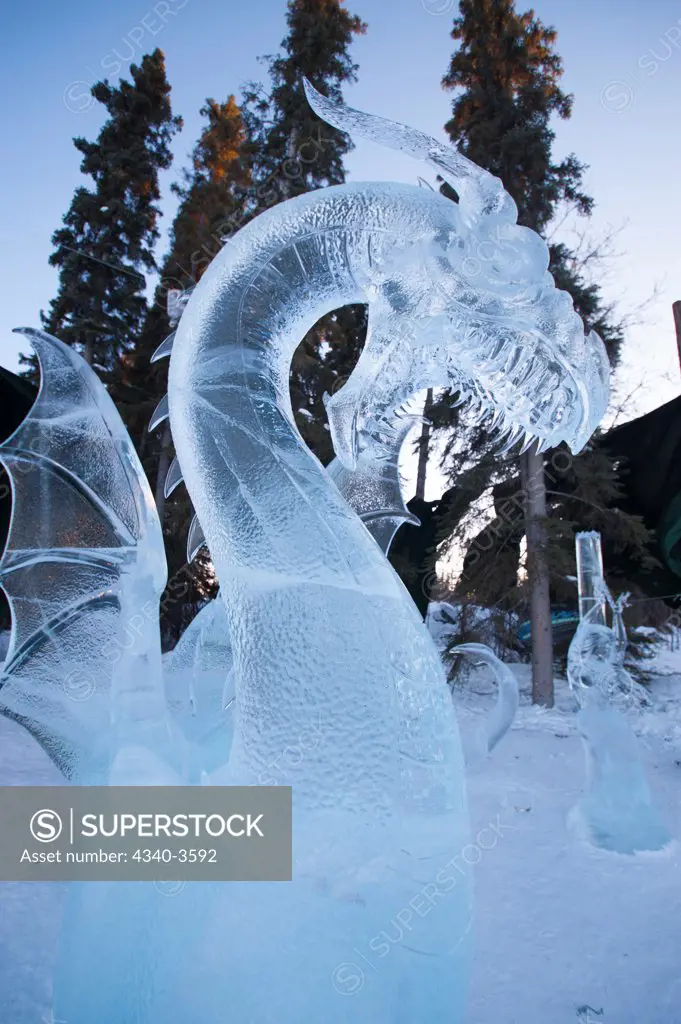 Alaska, Fairbanks, World Ice Art Championships, Dragon ice carving on display, 2013