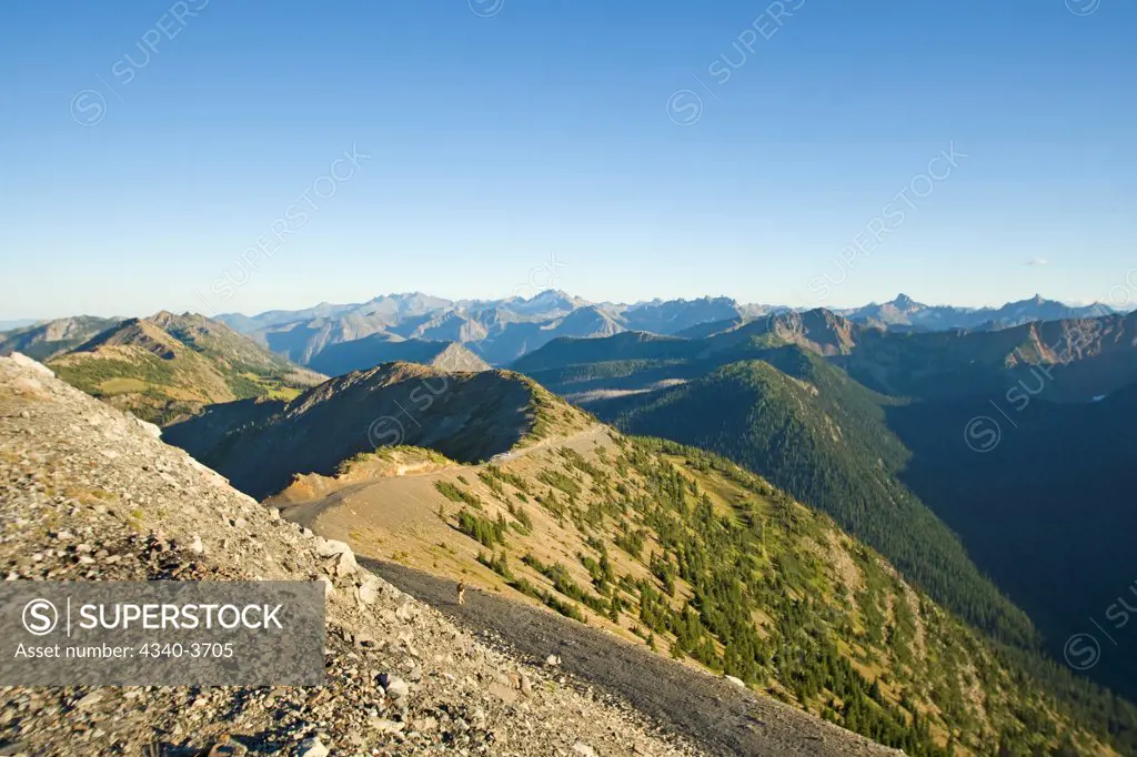 USA, Washington State, North Cascades National Park, Pasayten Wilderness, Pacific Crest Trail, Okanogan-Wenatchee National Forest, Hart's Pass, Summit landscape views from Slate Peak with Tower and Golden Horn
