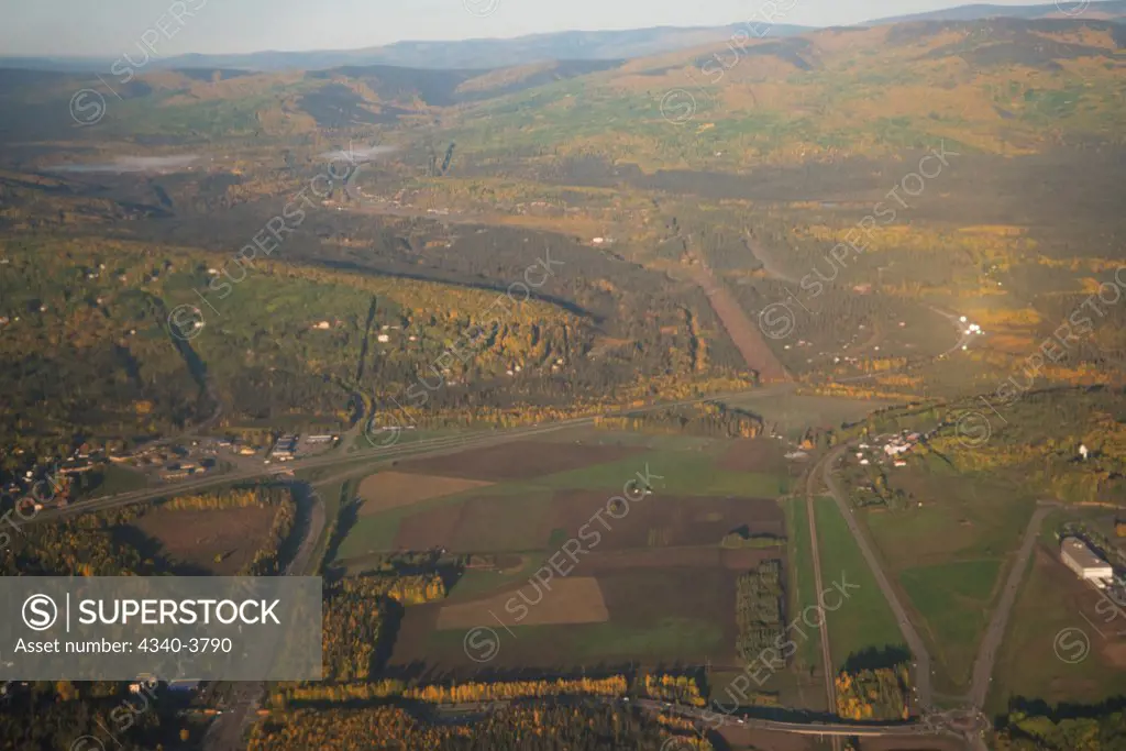 USA, Alaska, View of farm land around city of Fairbanks