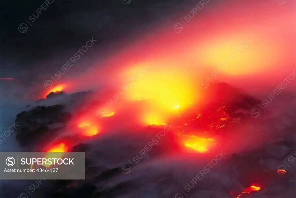 Hot Lava Creating Steam as it Flows into the Pacific Ocean