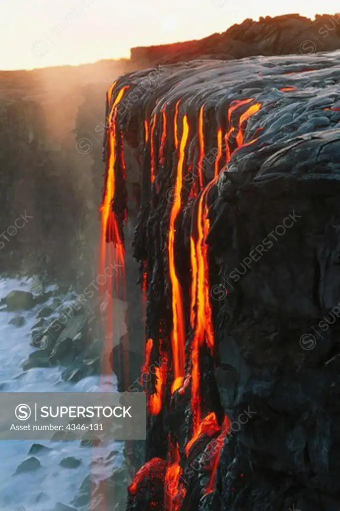 Streams of Lava Flow into the Pacific Ocean