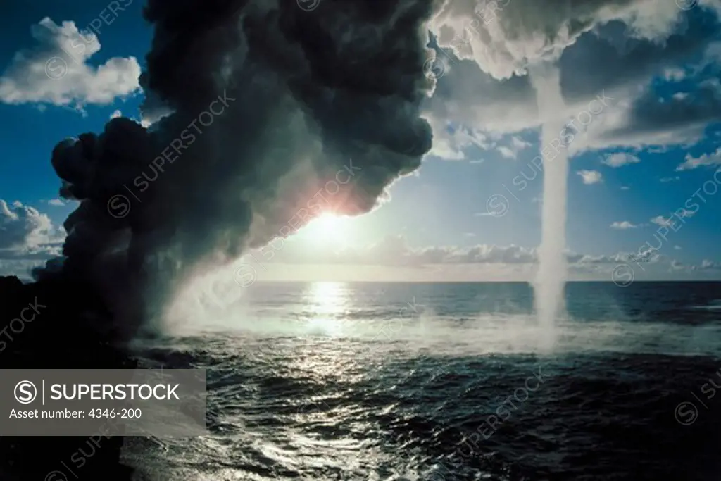 Steam Clouds and a Vortex Form as Lava Enters the Ocean