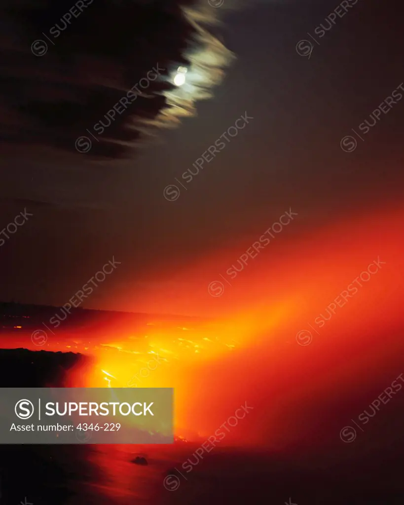 Lava Flowing into the Pacific Ocean in Moonlight