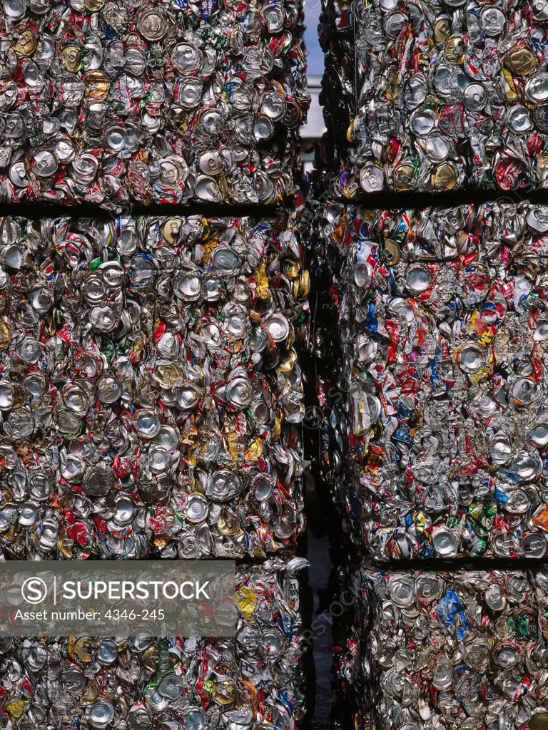 Close Up of Bales of Crushed Aluminum Cans for Recycling