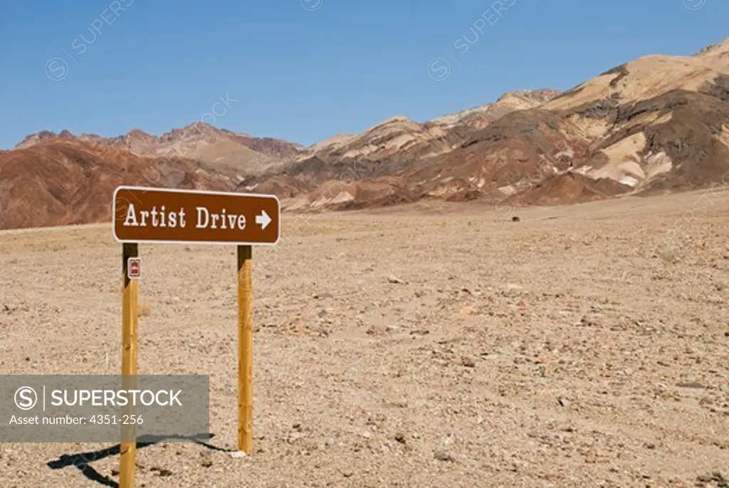 Artist Drive runs by Artists' Palette in the Black Mountains of Death Valley National Park, California. The area is famed for its varied colors, caused by mineral oxidation. Death Valley is the lowest point in North America, 282 feet below sea level.
