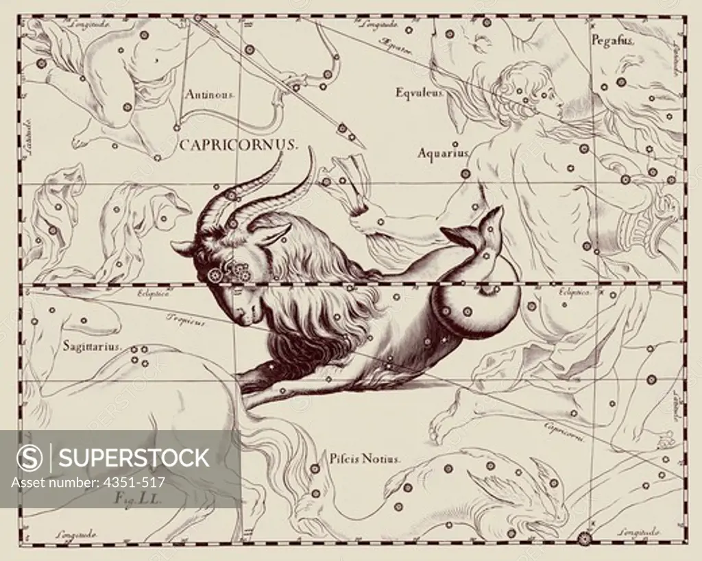 A representation of the Zodiacal constellation of Capricorn, from the 'Firmamentum Sobiescianum sive Uranographia' of Johannes Hevelius of Danzig (modern Gdansk), 1687. Hevelius's engravings picture the celestial sphere from the outside looking down at Earth, so the constellations and star patterns are a mirror image of our view from Earth.