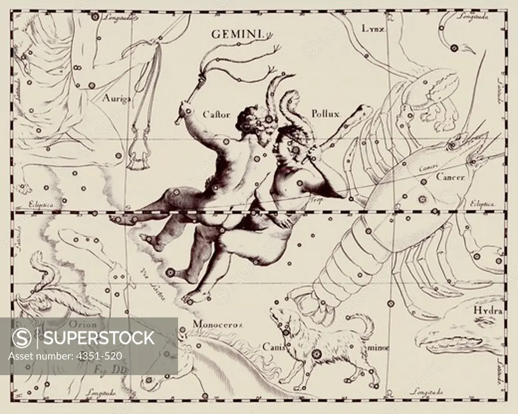 A representation of the Zodiacal constellation of Gemini, the Twins, from the 'Firmamentum Sobiescianum sive Uranographia' of Johannes Hevelius of Danzig (modern Gdansk), 1687. Hevelius's engravings picture the celestial sphere from the outside looking down at Earth, so the constellations and star patterns are a mirror image of our view from Earth.