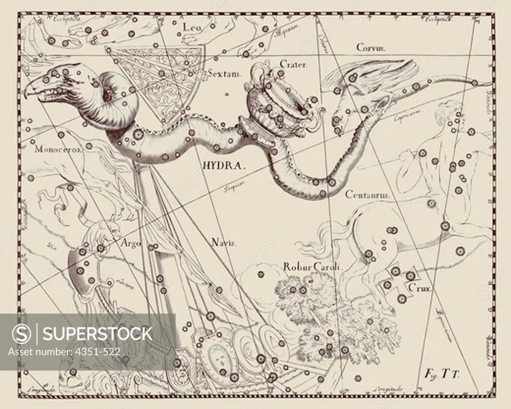 A representation of the constellation of Hydra, the Serpent, accompanied by Sextans, the Sextant, Crater, the Cup, and Corvus, the Crow, from the 'Firmamentum Sobiescianum sive Uranographia' of Johannes Hevelius of Danzig (modern Gdansk), 1687. Hevelius's engravings picture the celestial sphere from the outside looking down at Earth, so the constellations and star patterns are a mirror image of our view from Earth.