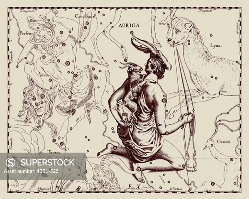 A representation of the constellation of Auriga from the 'Firmamentum Sobiescianum sive Uranographia' of Johannes Hevelius of Danzig (modern Gdansk), 1687. Hevelius's engravings picture the celestial sphere from the outside looking down at Earth, so the constellations and star patterns are a mirror image of our view from Earth.