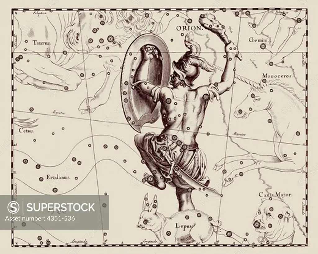 A representation of the constellation of Orion, the Hunter, from the 'Firmamentum Sobiescianum sive Uranographia' of Johannes Hevelius of Danzig (modern Gdansk), 1687.
