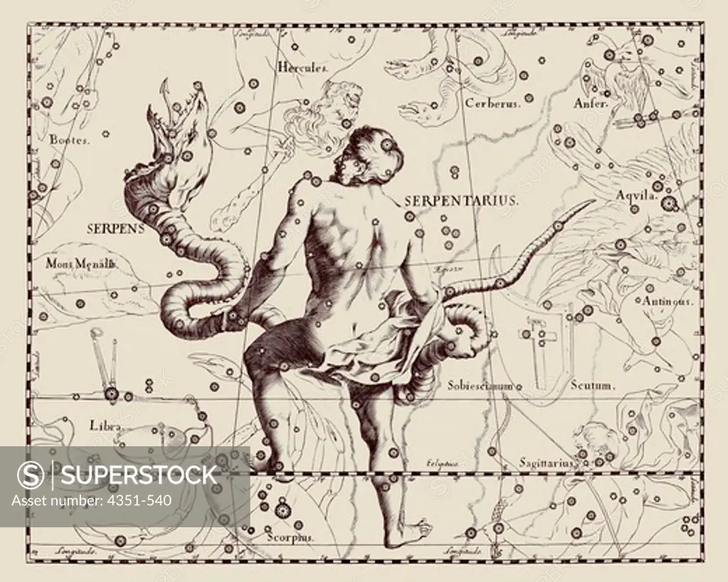 A representation of the constellations of Serpens and Serpentarius, Serpent and Serpent Carrier, from the 'Firmamentum Sobiescianum sive Uranographia' of Johannes Hevelius of Danzig (modern Gdansk), 1687.