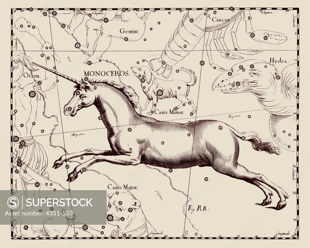 A representation of the constellation of Monoceros, the Unicorn, from the 'Firmamentum Sobiescianum sive Uranographia' of Johannes Hevelius of Danzig (modern Gdansk), 1687.