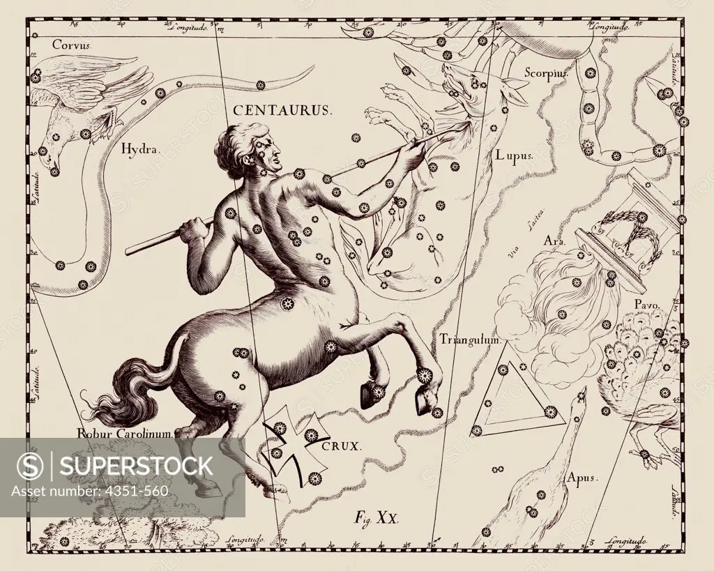 A representation of the constellation of Centaurus from the 'Firmamentum Sobiescianum sive Uranographia' of Johannes Hevelius of Danzig (modern Gdansk), 1687. Hevelius's engravings picture the celestial sphere from the outside looking down at Earth, so the constellations and star patterns are a mirror image of our view from Earth.