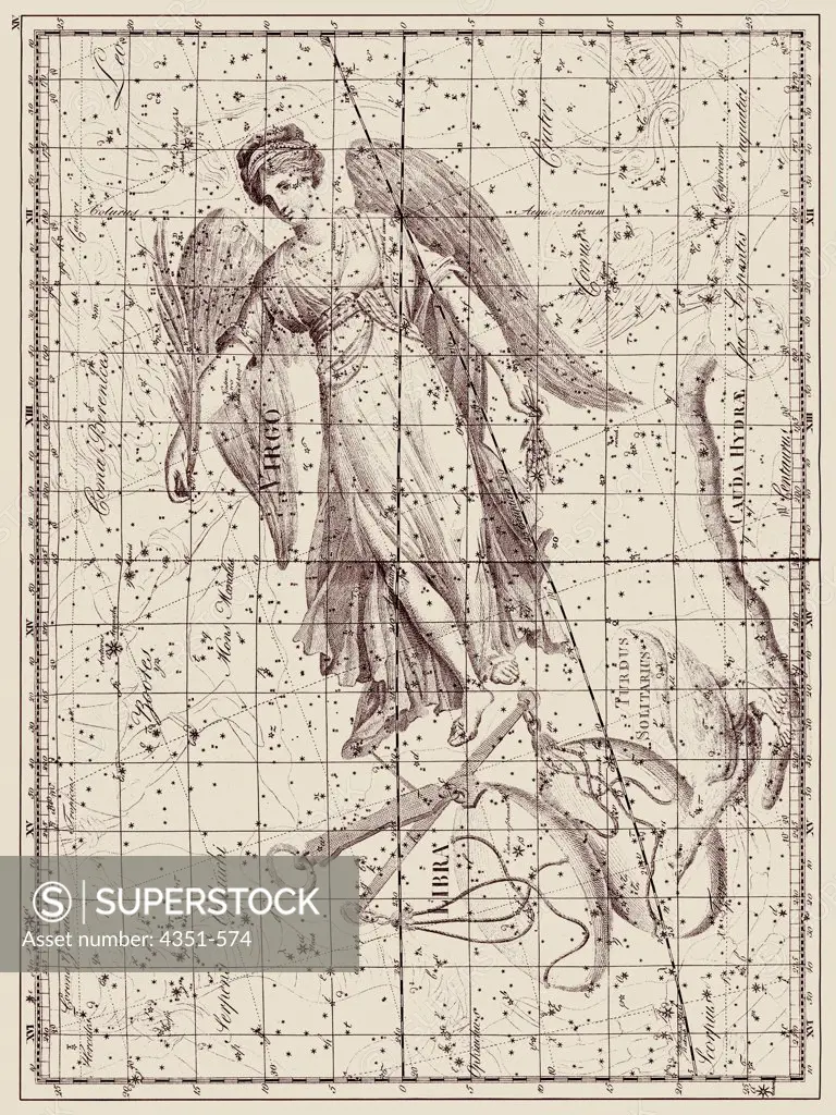 A representation of the Zodiacal constellations of Virgo and Libra from Johann Bode's 'Uranographia', engraved by Berolini, published 1801. The celestial atlas was one of the last to contain elaborate artistic figures of the constellations.